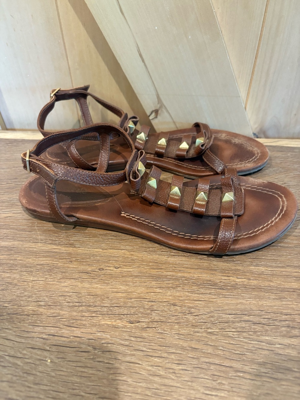 kate spade Brown Leather Gladiator Sandals with Gold Accents